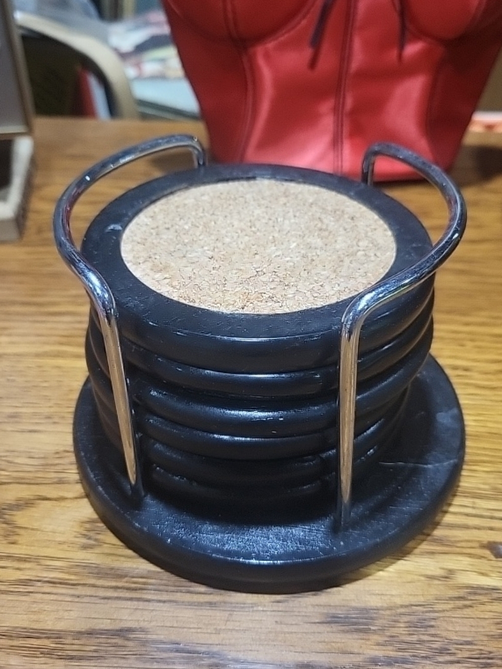 Black Round Cork Coaster Set Of 6 with Holder